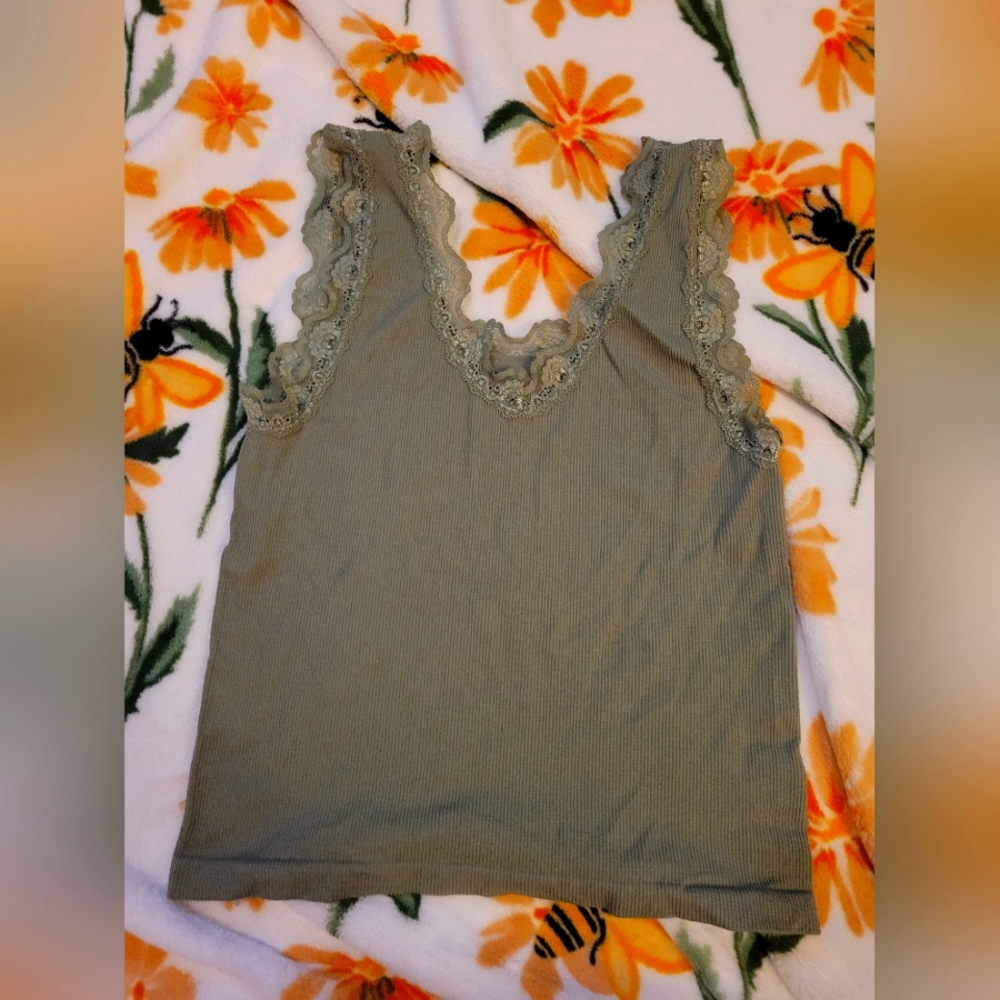 Olive green tank top with lace size M/L